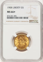 1908 $5 Liberty Liberty Half Eagle NGC MS66+