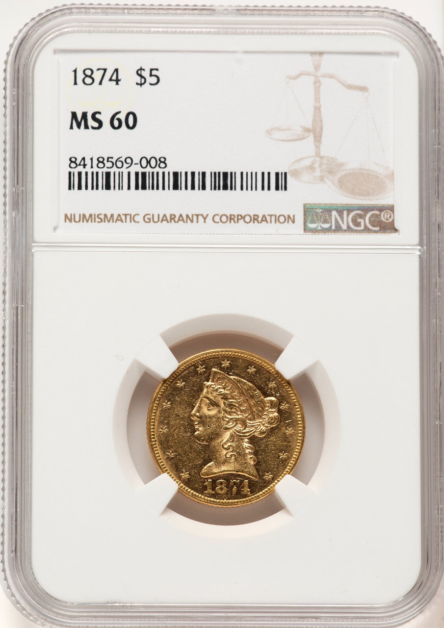 1874 $5 Liberty Half Eagle NGC MS60