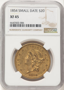 1854 $20 Small Date Liberty Double Eagle NGC XF45