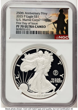 2025-P Proof Silver Eagle Privy U.S. Marine Corps 250th Anniversary 1 oz FDI US Army Helicopter Label NGC PF70