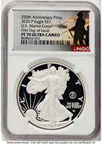 2025-P Proof Silver Eagle Privy U.S. Marine Corps 250th Anniversary 1 oz FDI US Army Helicopter Label NGC PF70