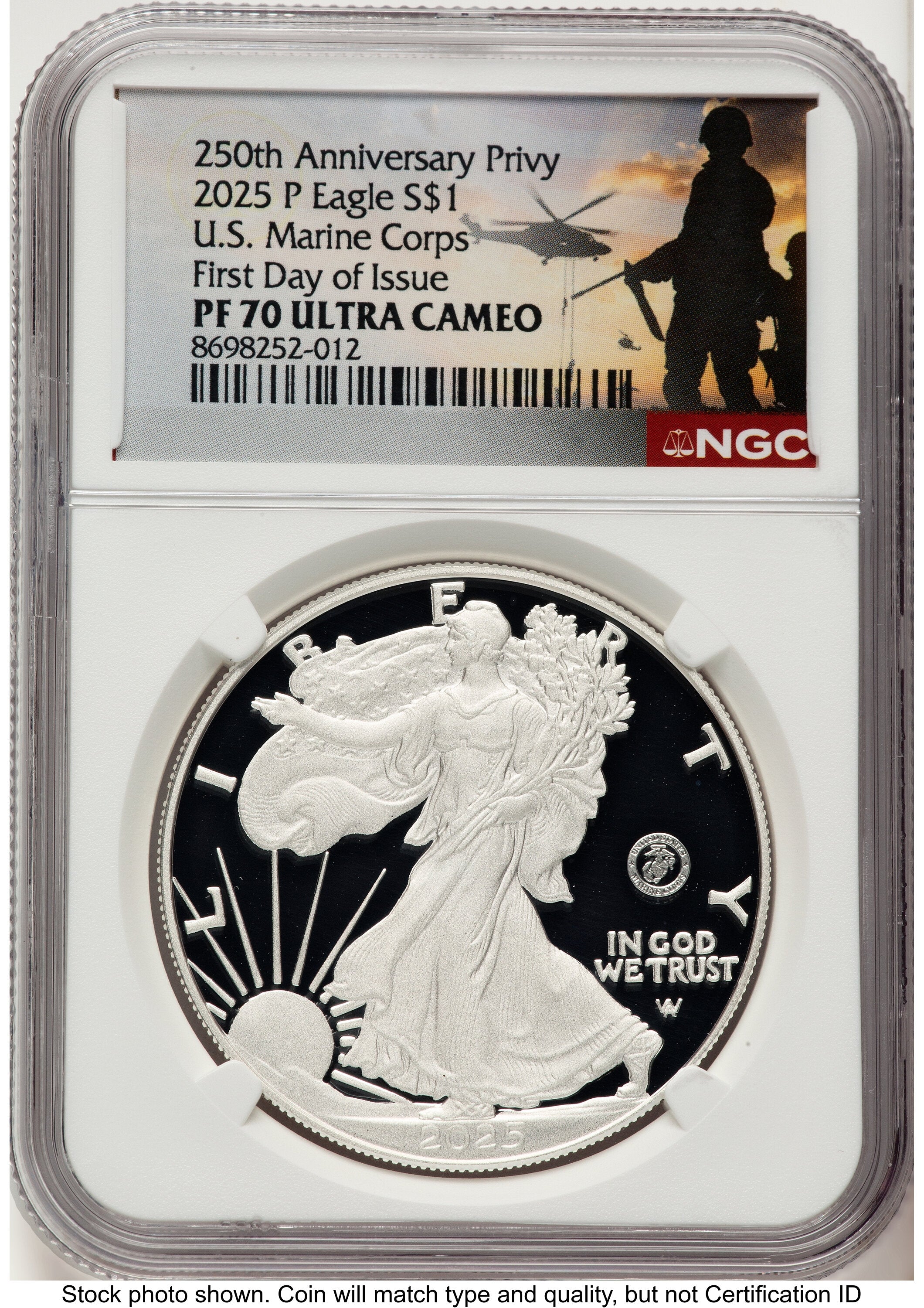 2025-P Proof Silver Eagle Privy U.S. Marine Corps 250th Anniversary 1 oz FDI US Army Helicopter Label NGC PF70