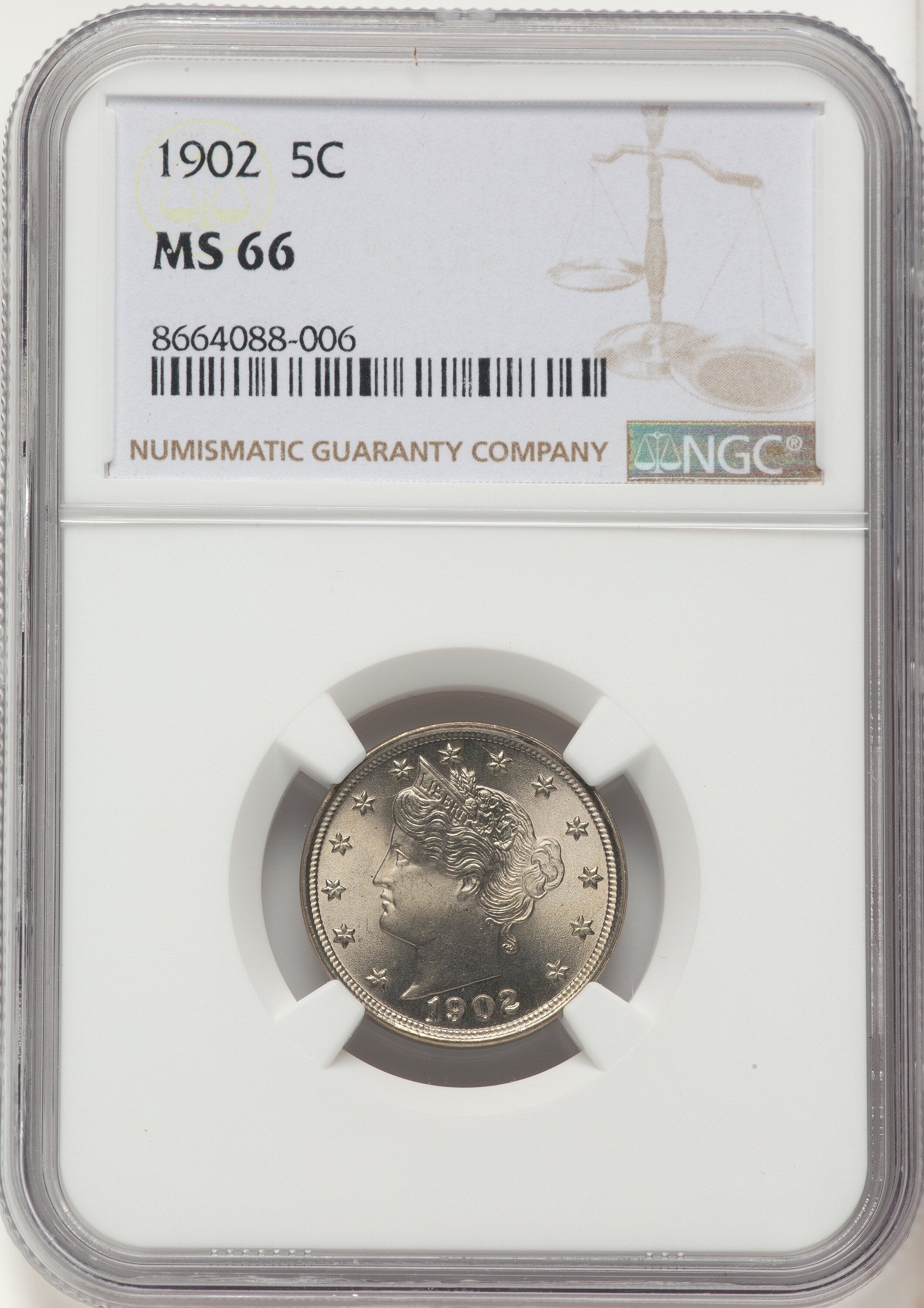 1902 5C Liberty Nickel NGC MS66