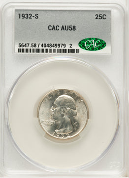 1932-S 25C Washington Quarter CACG AU58
