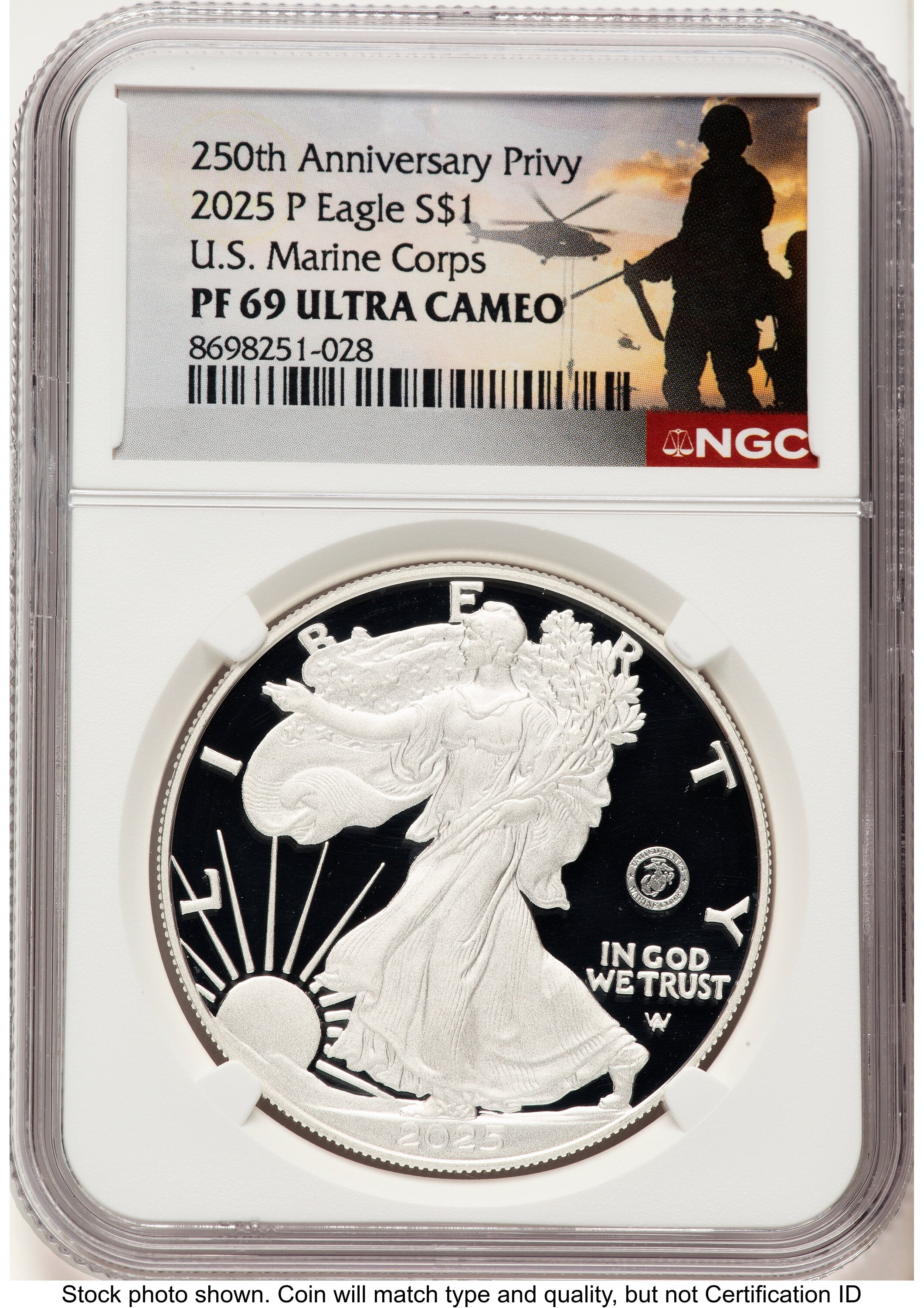 2025-P Proof Silver Eagle Privy U.S. Marine Corps 250th Anniversary 1 oz US Army Helicopter Label NGC PF69