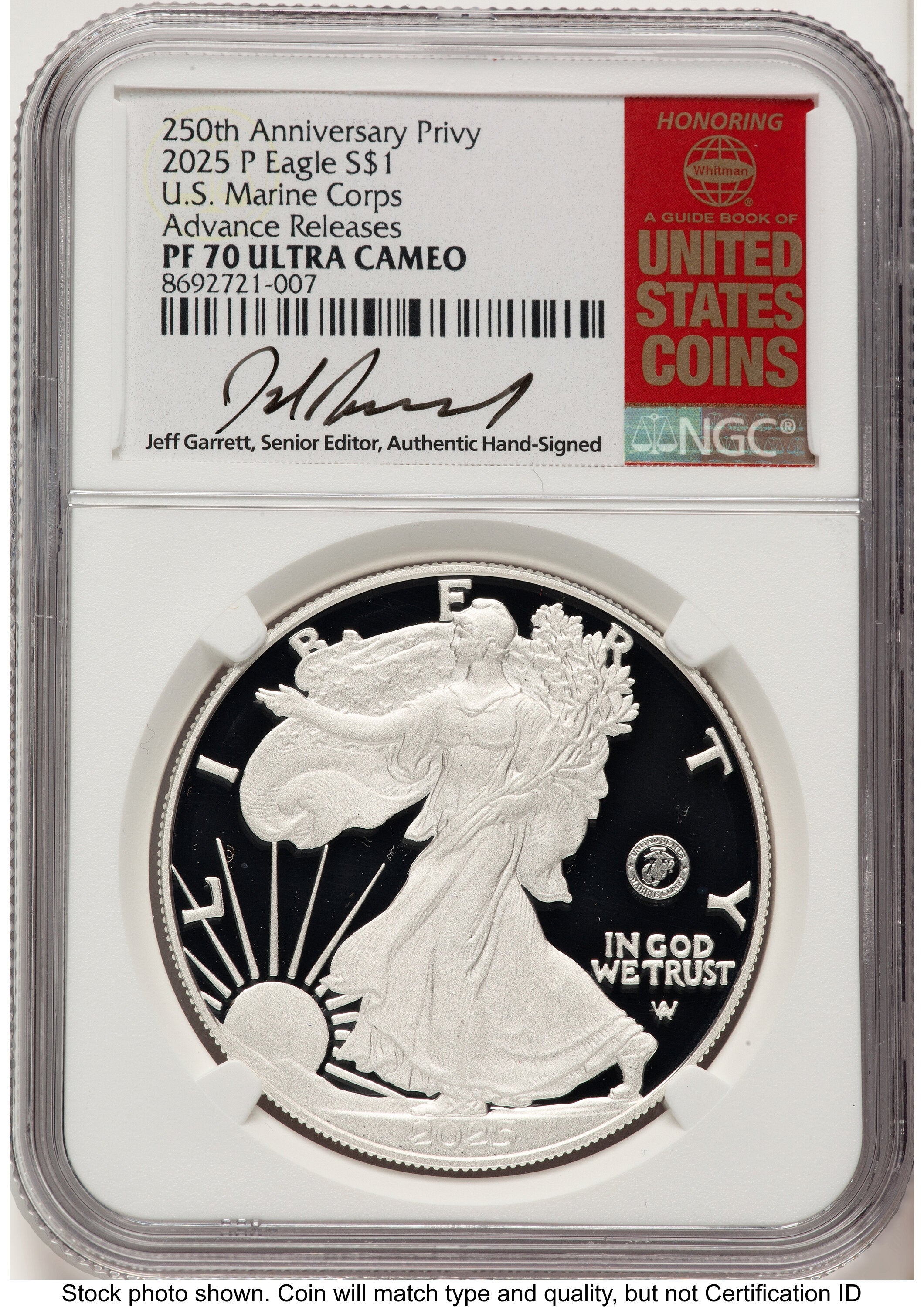 2025-P Proof Silver Eagle Privy U.S. Marine Corps 250th Anniversary 1 oz AR Jeff Garrett Red Book NGC PF70