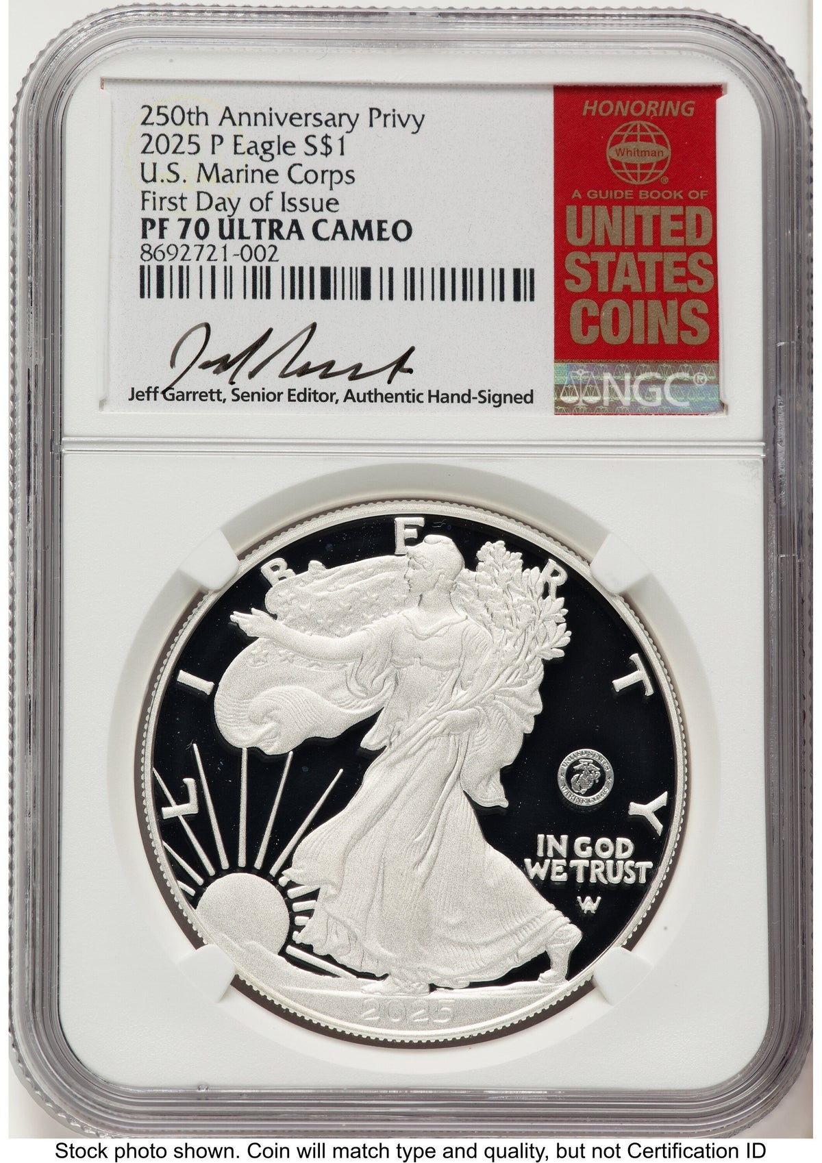 2025-P Proof Silver Eagle Privy U.S. Marine Corps 250th Anniversary 1 oz FDI Jeff Garrett Red Book NGC PF70