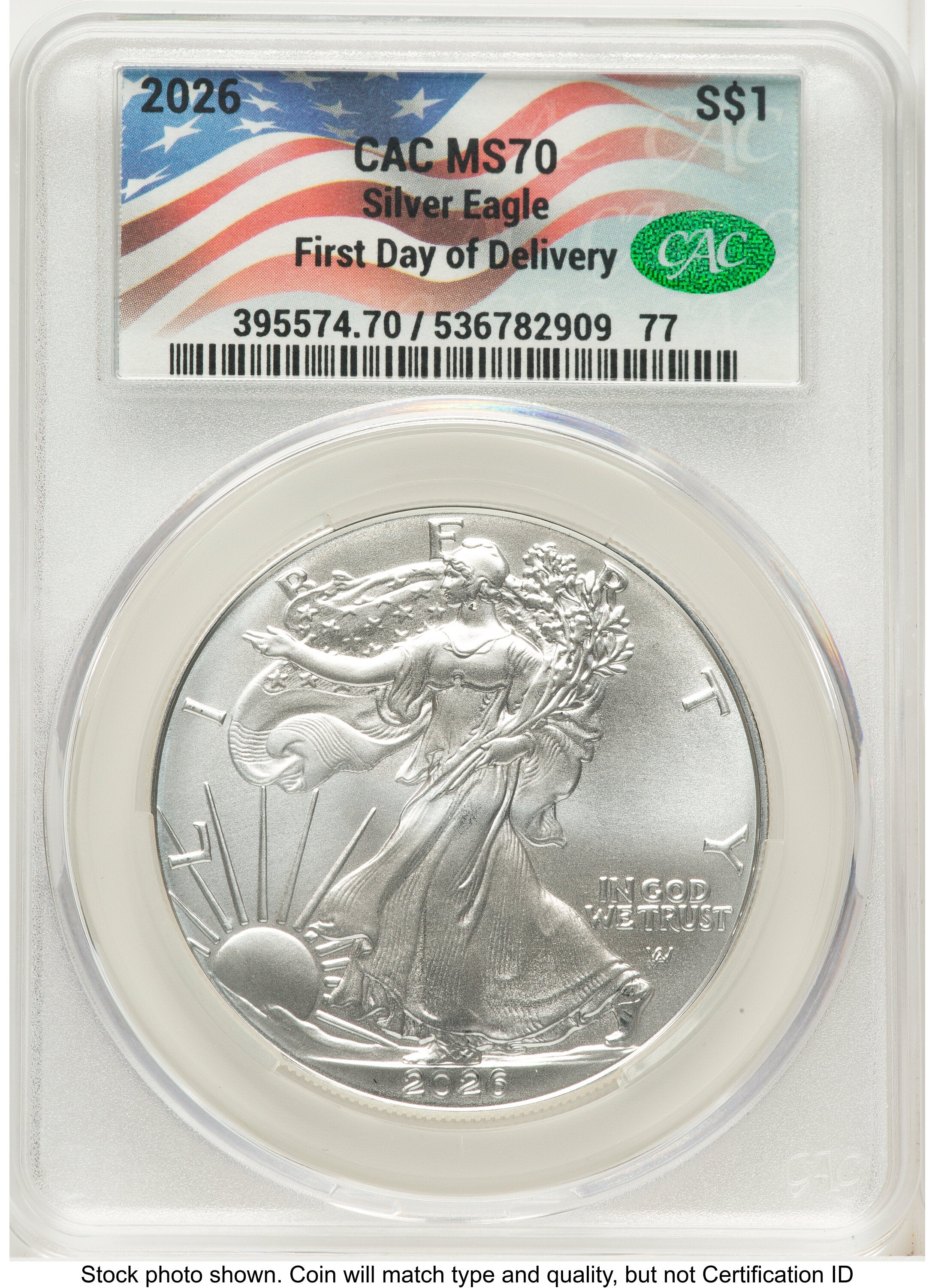 2026 Silver Eagle First Day of Delivery Flag Label CACG MS70