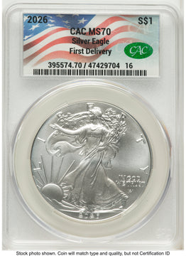 2026 Silver Eagle First Delivery Flag Label CACG MS70
