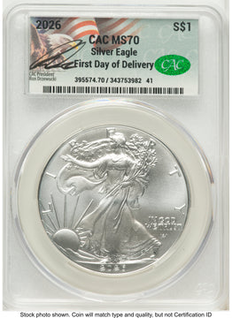 2026 Silver Eagle First Day of Delivery Ron Drzewuki CACG MS70