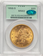 1856-S $20 CAC Liberty Double Eagle PCGS MS63