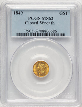 1849 G$1 Closed Wreath Gold Dollar PCGS MS62