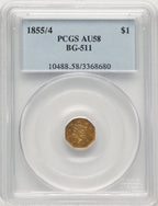 1855/4 Liberty Octagonal 1 Dollar BG-511 High R.4 California Fractional Gold PCGS AU58