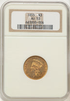 1855 $3 Three Dollar Gold Pieces NGC AU53