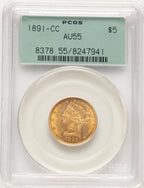 1891-CC $5 Liberty Half Eagle PCGS AU55