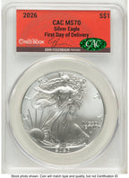 2026 Silver Eagle First Day of Delivery John Feigenbaum Red Book CACG MS70