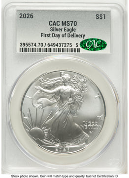 2026 Silver Eagle First Day of Delivery Silver Label CACG MS70