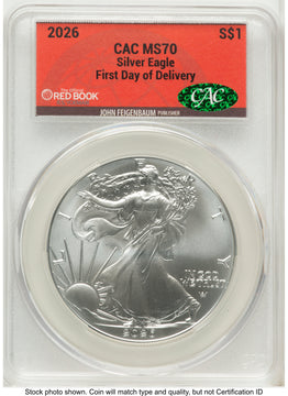 2026 Silver Eagle First Day of Delivery Red Book CACG MS70