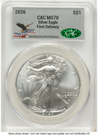 2026 Silver Eagle First Delivery America 250 Eagle with Banner Label CACG MS70