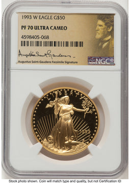 1993-W Proof Gold Eagle 1 oz Saint Gaudens Label NGC PF70