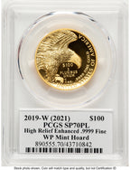2019-W G$100 American Liberty High Relief Enhanced PL WP Mint Hoard Emily Damstra PCGS MS70