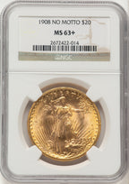 1908 $20 NO MOTTO Brown Label Saint-Gaudens Double Eagle NGC MS63+