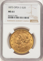 1873 $20 OPEN 3 Liberty Double Eagle NGC MS61