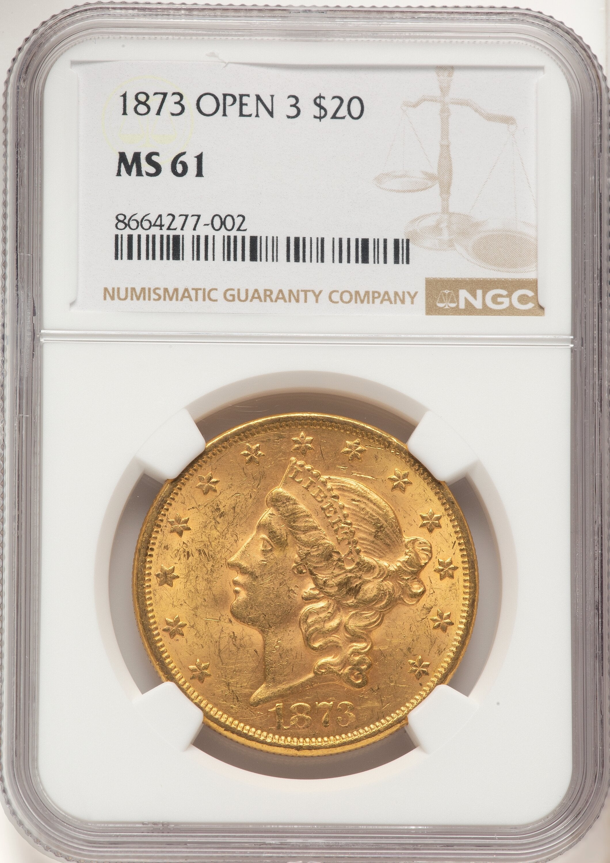 1873 $20 OPEN 3 Liberty Double Eagle NGC MS61
