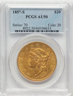 1857-S $20 Blue Gradient Liberty Double Eagle PCGS AU50