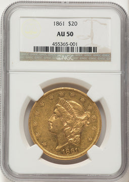 1861 $20 Brown Label Liberty Double Eagle NGC AU50