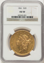 1861 $20 Brown Label Liberty Double Eagle NGC AU50