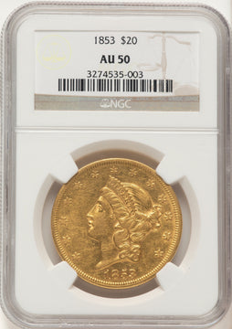 1853 $20 Brown Label Liberty Double Eagle NGC AU50
