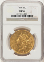 1853 $20 Brown Label Liberty Double Eagle NGC AU50