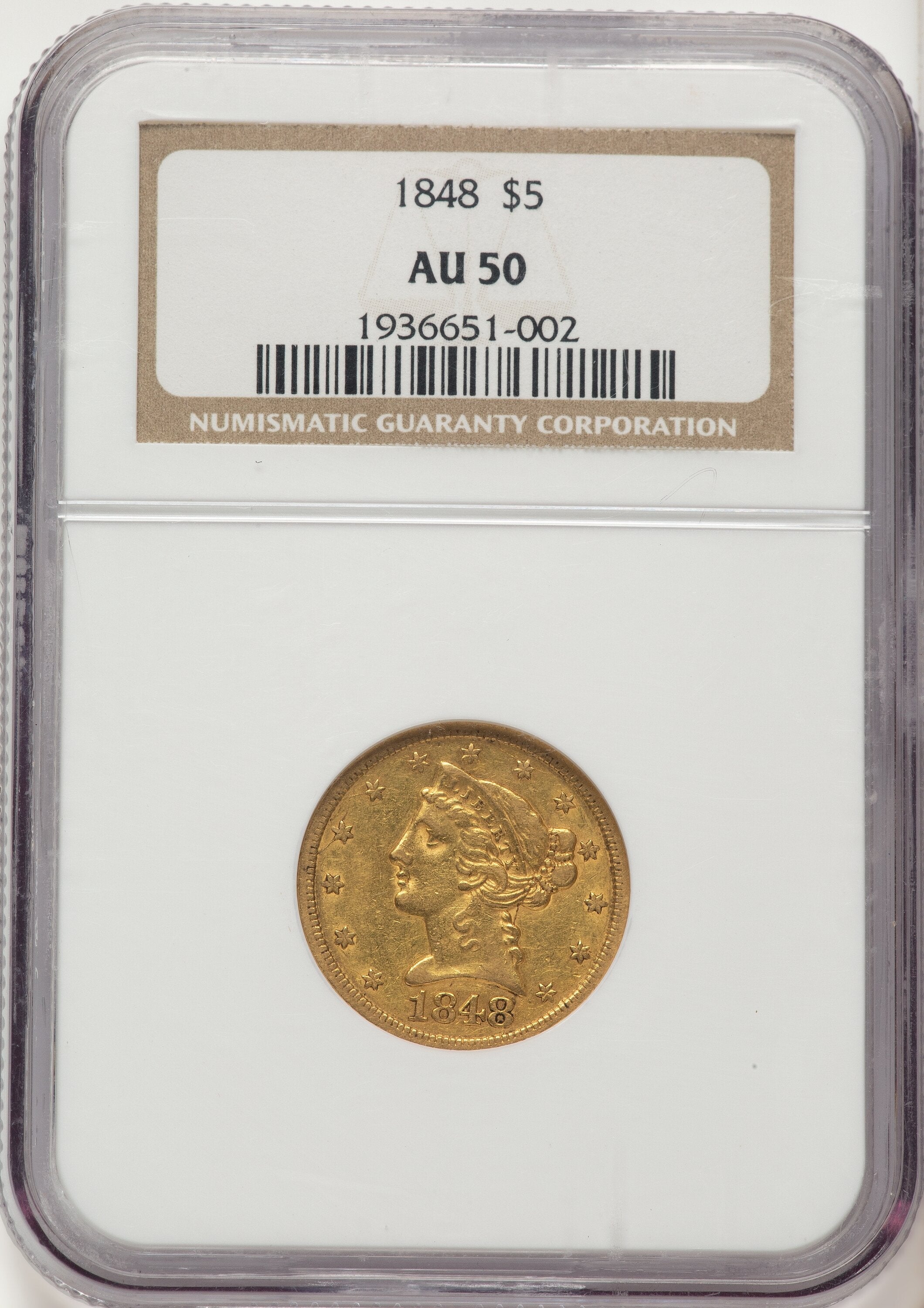 1848 $5 Liberty Half Eagle NGC AU50