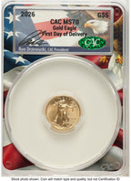 2026 Gold Eagle 1/10 oz First Day of Delivery Ron Drzewucki Flag Core CACG MS70