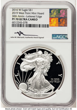 2016-W Proof Silver Eagle 1 oz 2019 West Point Mint Hoard John Reagan Bust Art NGC PF70 Mercanti