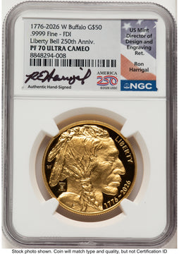 2026-W Proof Gold Buffalo 1 oz FDI Ron Harrigal America 250 NGC PF70