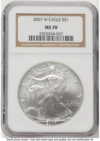 2007-W Burnished Silver Eagle 1 oz Brown Label NGC MS70