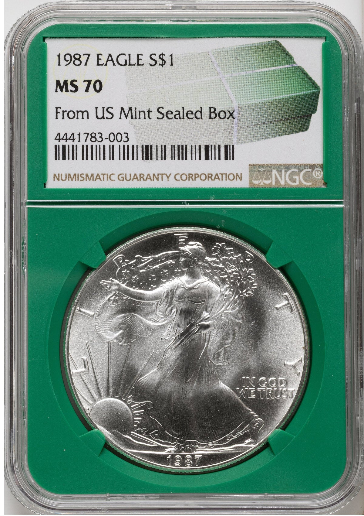 1987 Silver Eagle Monster Box From US Mint Sealed Box Green Core Label NGC MS70