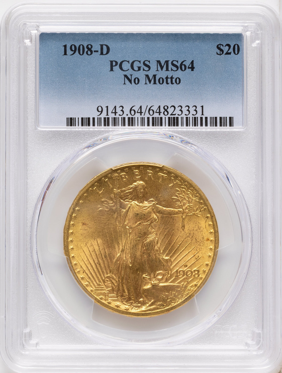 1908-D $20 NO MOTTO Saint-Gaudens Double Eagle PCGS MS64