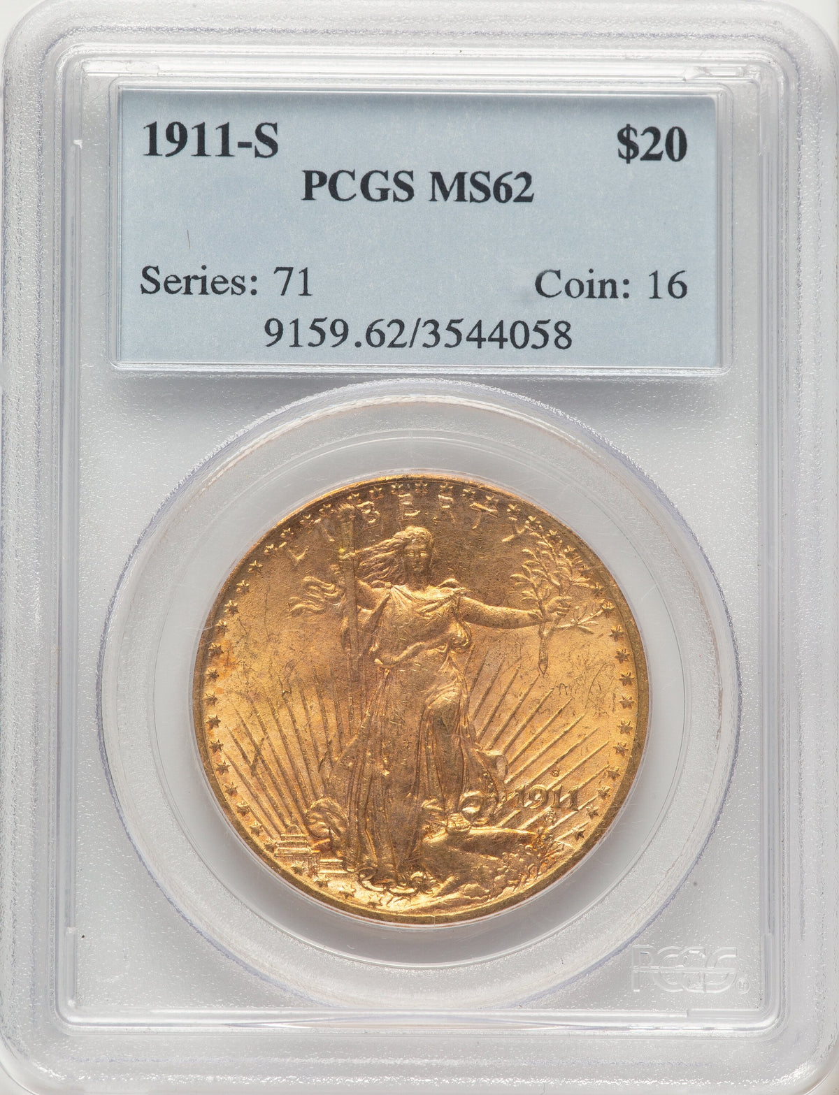 1911-S $20 Blue Label Saint-Gaudens Double Eagle PCGS MS62