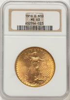 1910-D $10 Brown Label Indian Eagle NGC MS63