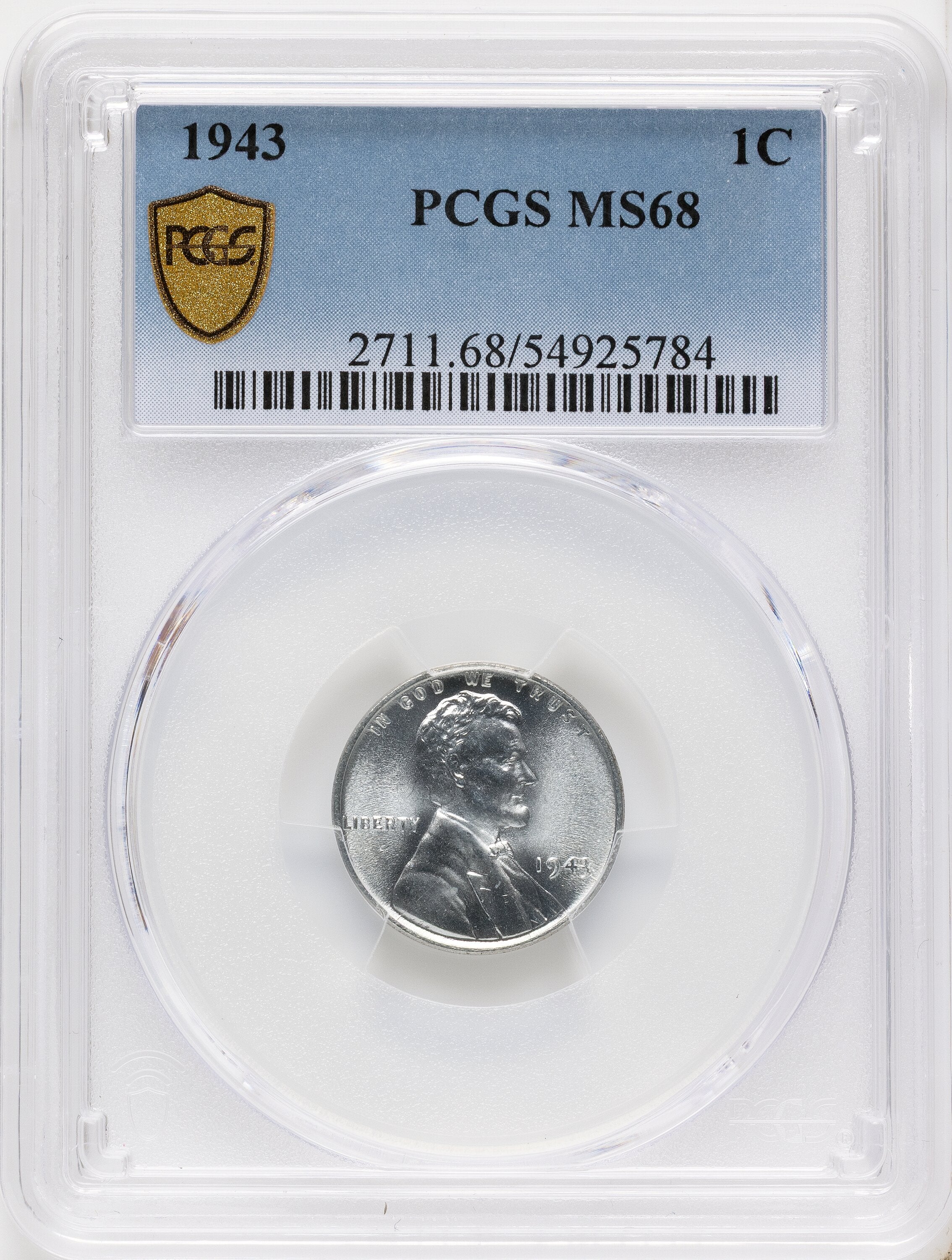 1943 1C Lincoln Cent PCGS MS68