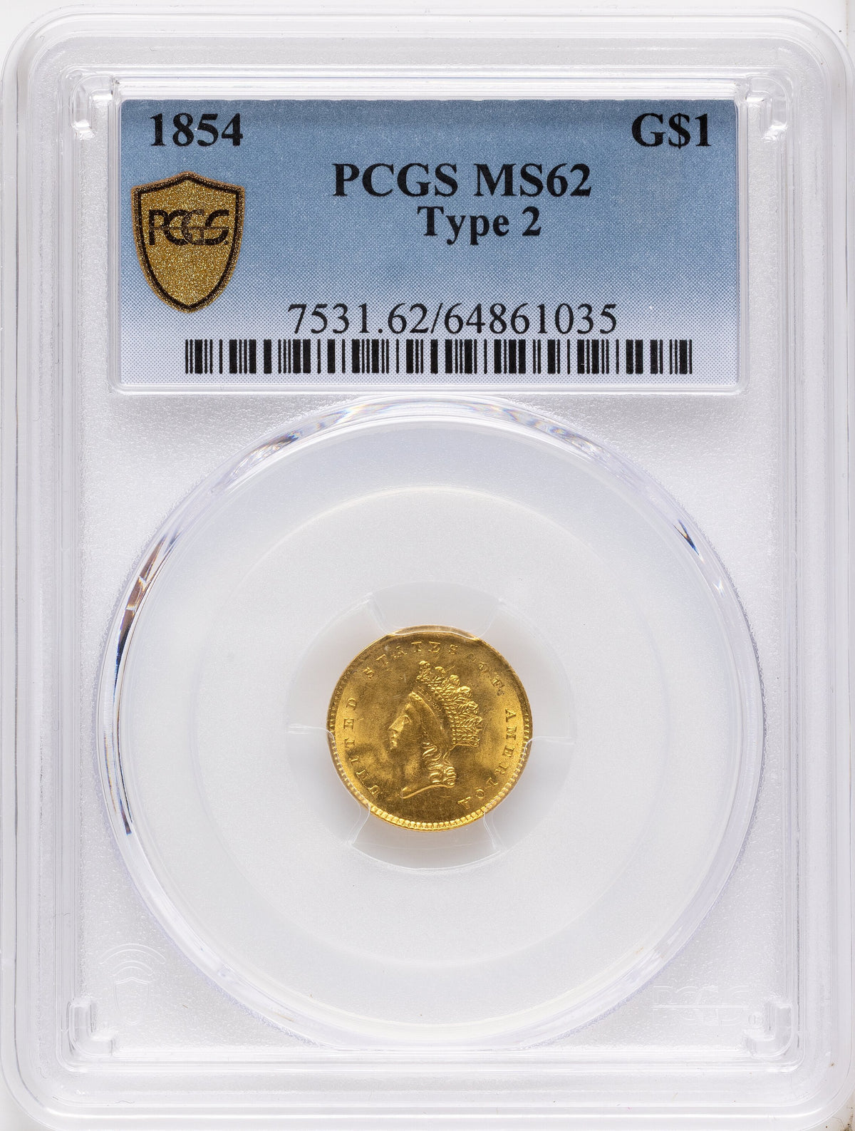 1854 G$1 Type Two Gold Dollar PCGS MS62