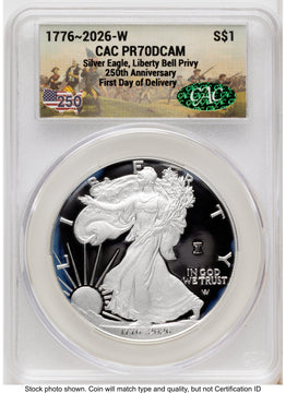 2026-W Proof Silver Eagle 1 oz First Day of Delivery America 250 CACG PR70