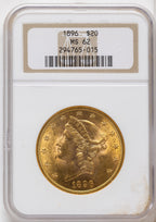 1896 $20 Brown Label Liberty Double Eagle NGC MS62