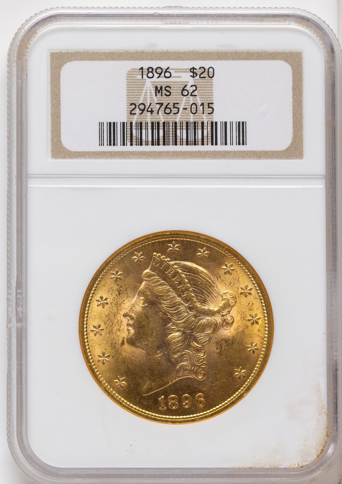 1896 $20 Brown Label Liberty Double Eagle NGC MS62