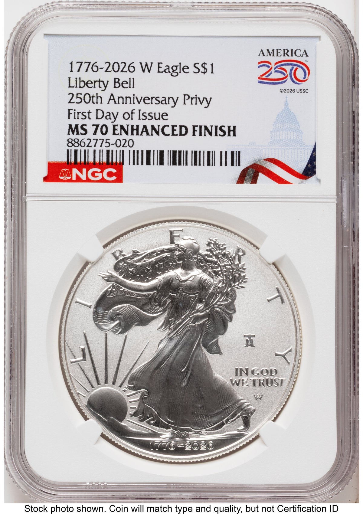 2026-W Enhanced Silver Eagle 1 oz FDI America 250 Congress Building Label NGC MS70