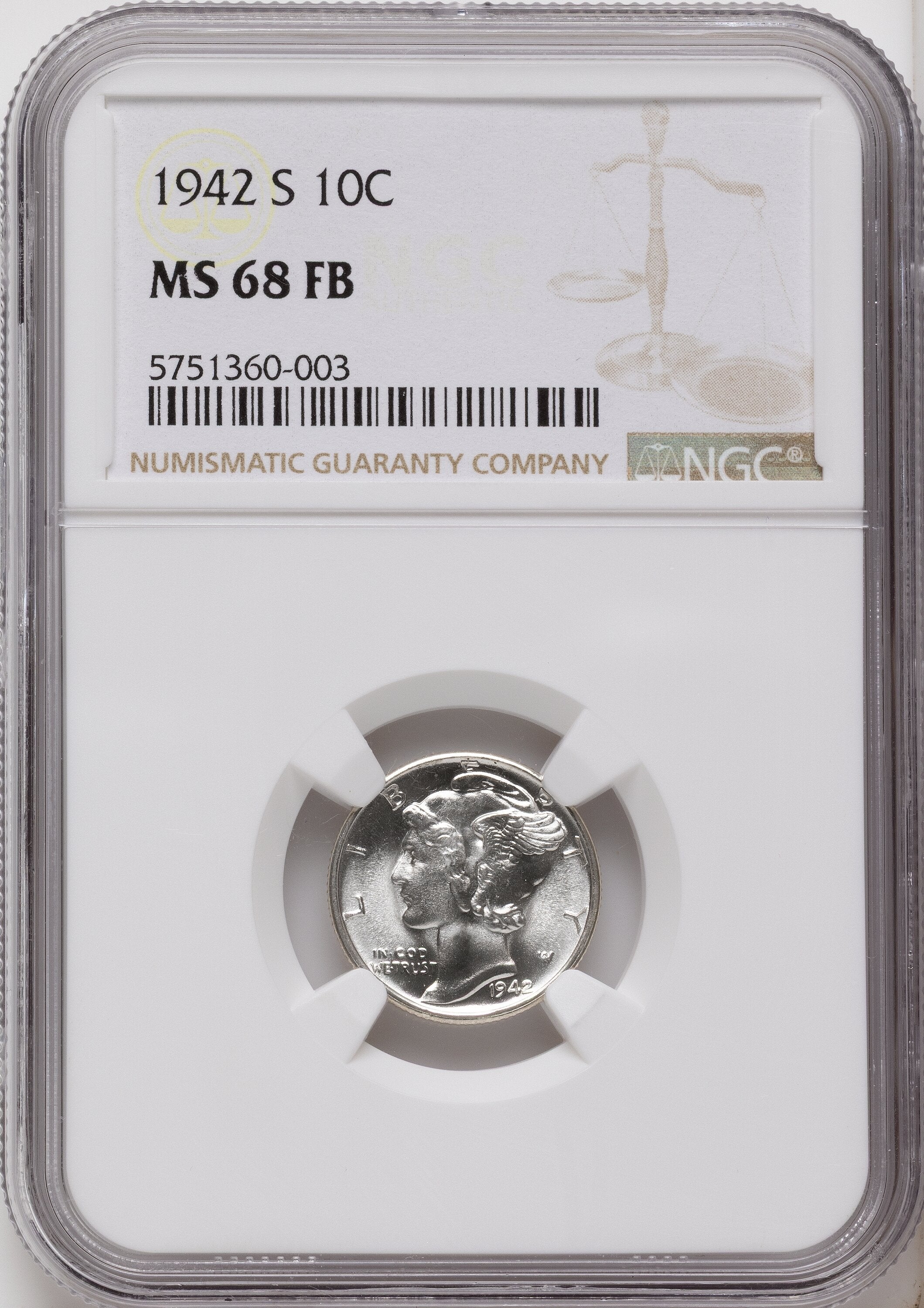 1942-S 10C FB Mercury Dime NGC MS68