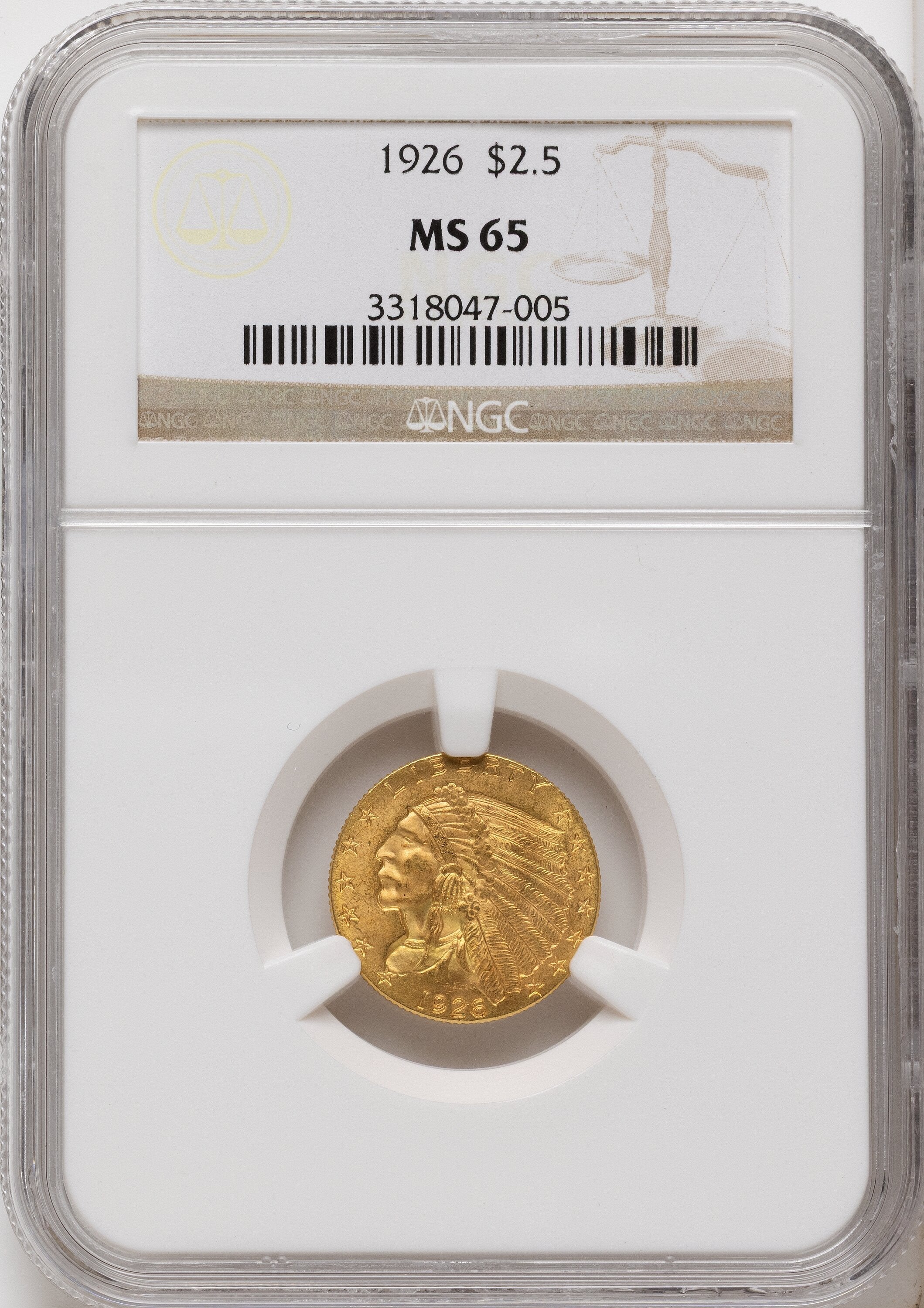 1926 $2.50 Indian Quarter Eagle NGC MS65